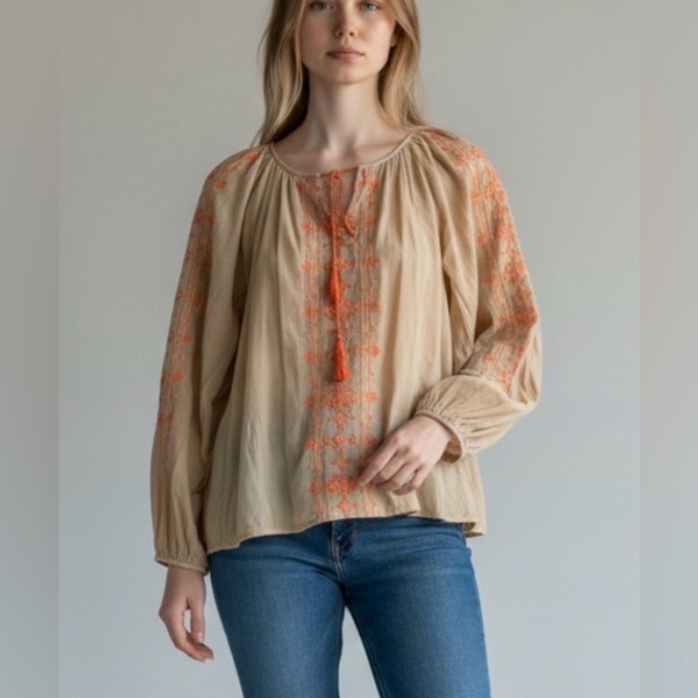 Lucky Brand Embroidered Cotton Peasant Top Tan Orange Boho Tassels Medium